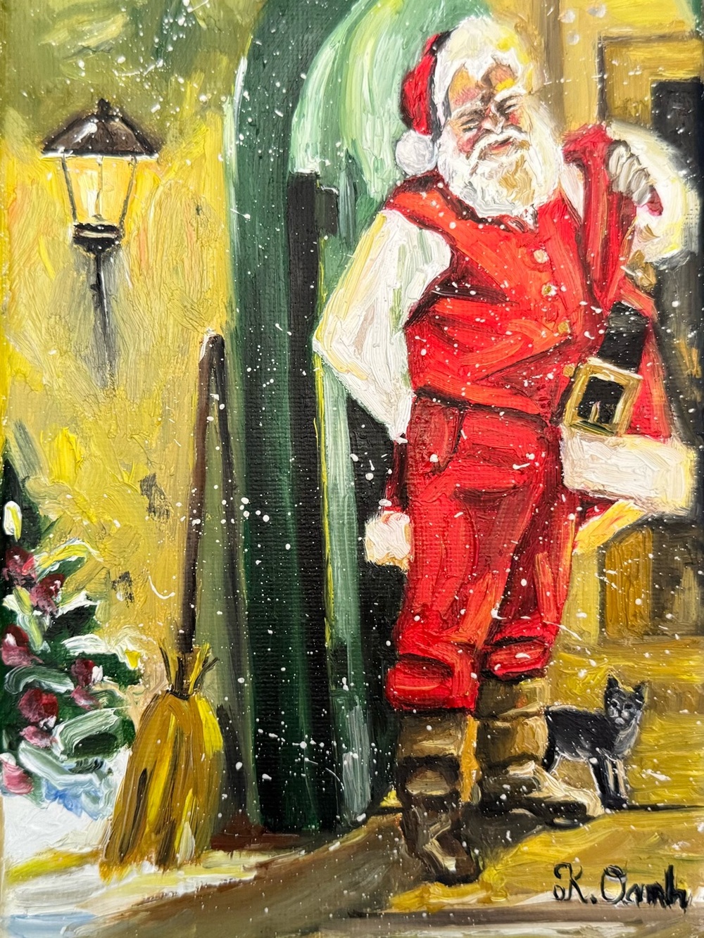 Original oil painting Santa clause cat Christmas holiday signed 5x7